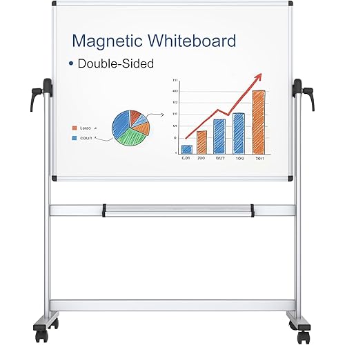 VIZ-PRO Double-Sided Magnetic Mobile Whiteboard, 48 x 36 Inches, Aluminium Frame and Stand