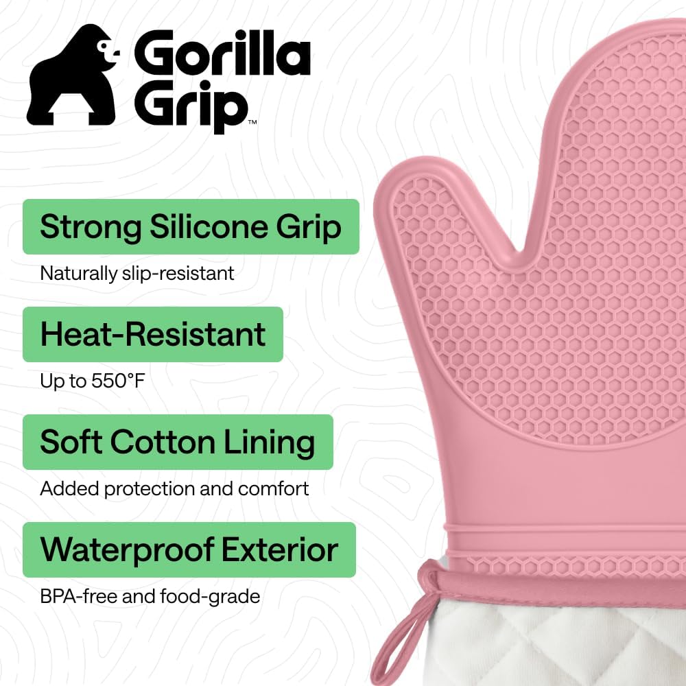 GORILLA GRIP BPA-Free Soft Silicone Oven Mitts, 14.5x8.3, Heat Resistant and Waterproof Cooking Gloves, Thick Cotton Lining, Flexible Gripping for Baking Grilling, Kitchen Potholders Set of 2, Pink