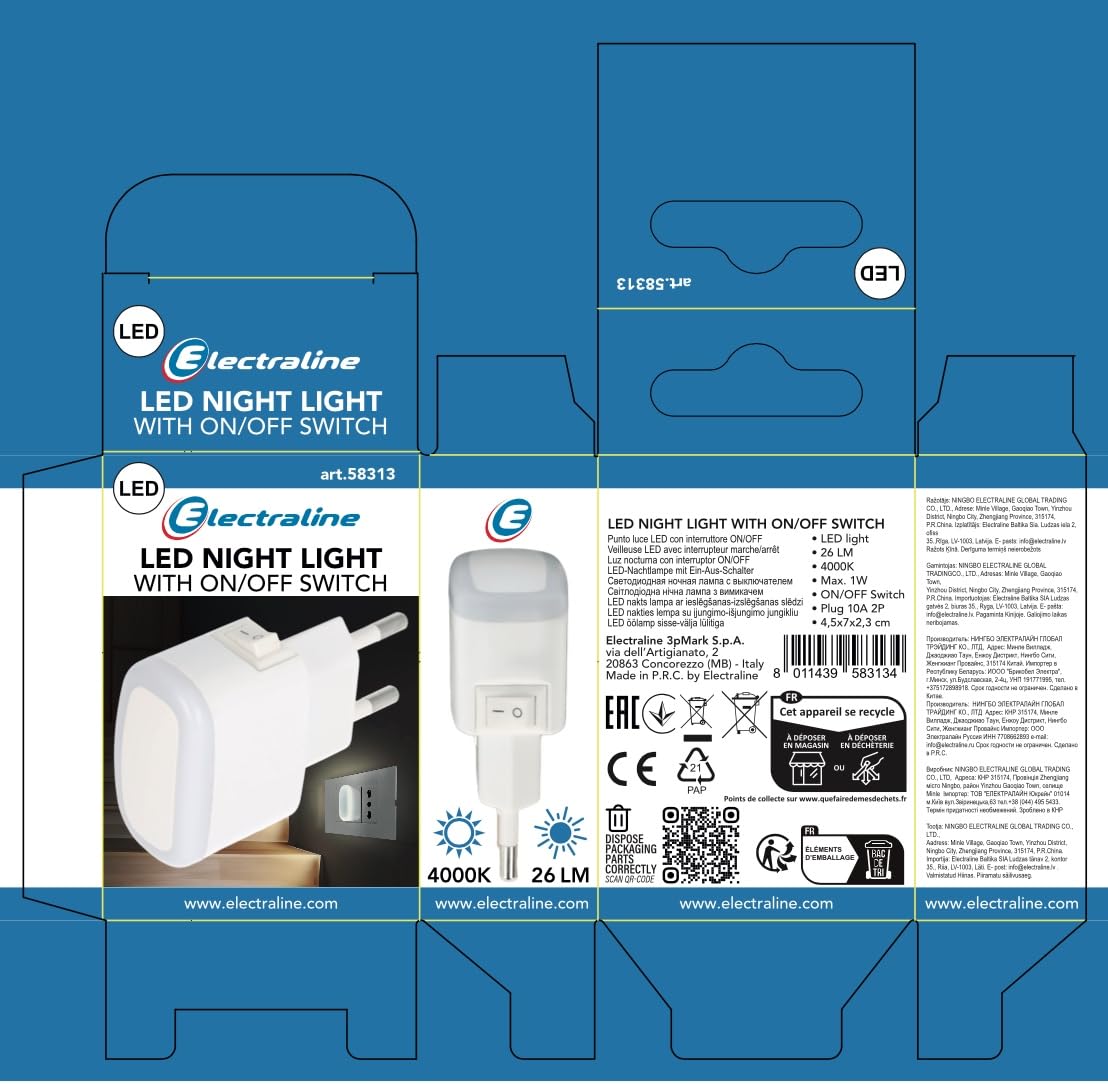 Electraline 58313 Luce Notturna di Presenza al Neon con Interruttore, Bianco