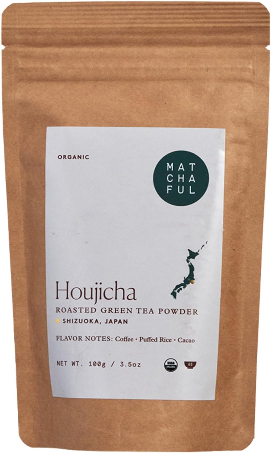 - Houjicha Powder - Organic Roasted Green Tea Powder - Smooth and Earthy with Flavor Notes of Coffee, Puffed Rice, Cacao - Enjoy Hot or Iced - 100g Bag