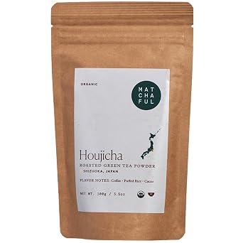 مسحوق Matchaful Houjicha - مسحوق الشاي الأخضر المحمص العضوي - ناعم وترابي مع نكهات القهوة والأرز المنفوخ والكاكاو - استمتع به ساخنًا أو مثلجًا - كيس 100 جرام