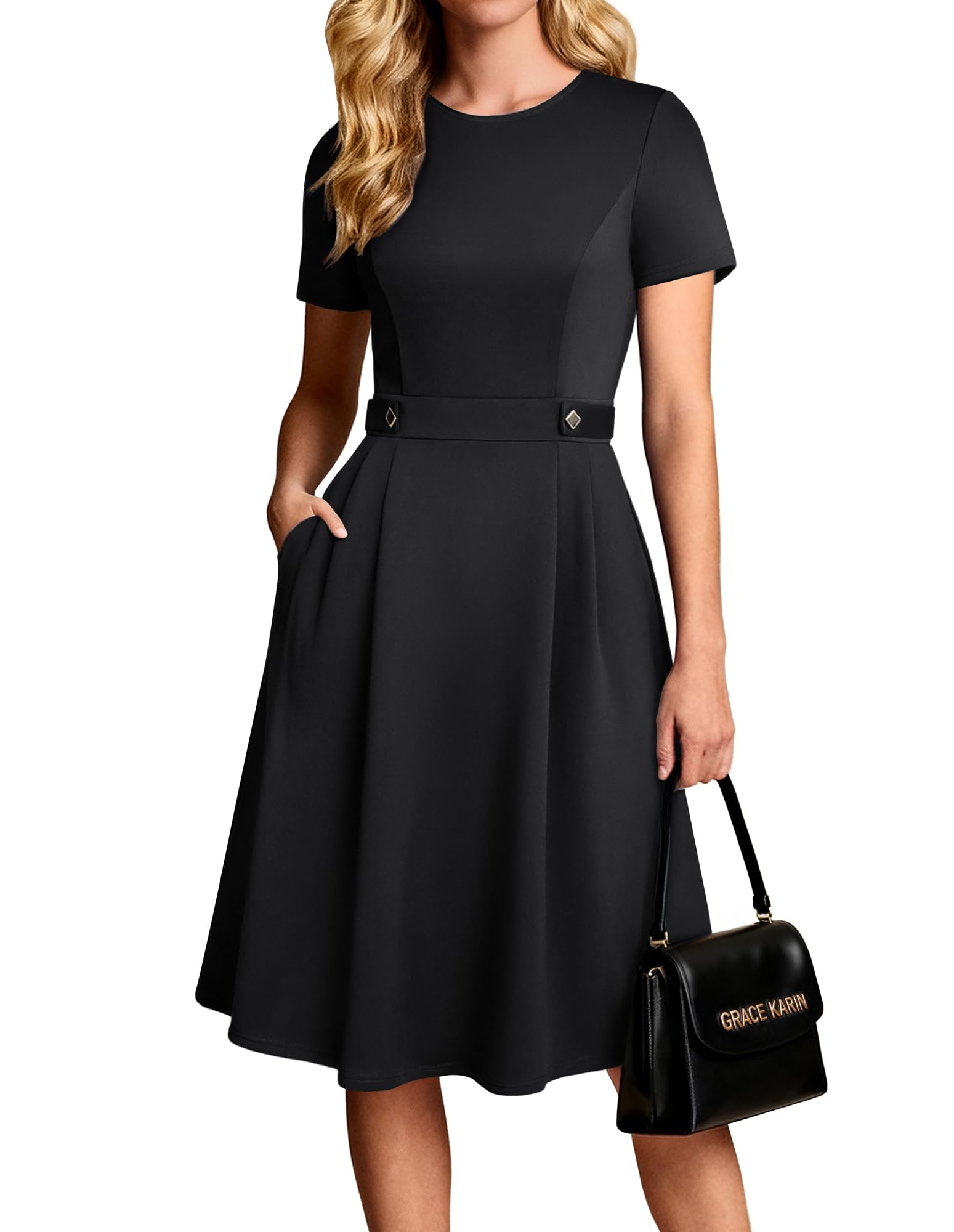 GRACE KARIN Vrouwen Zakelijke Bodycon Jurk 3/4 Mouw Ronde Hals Werk