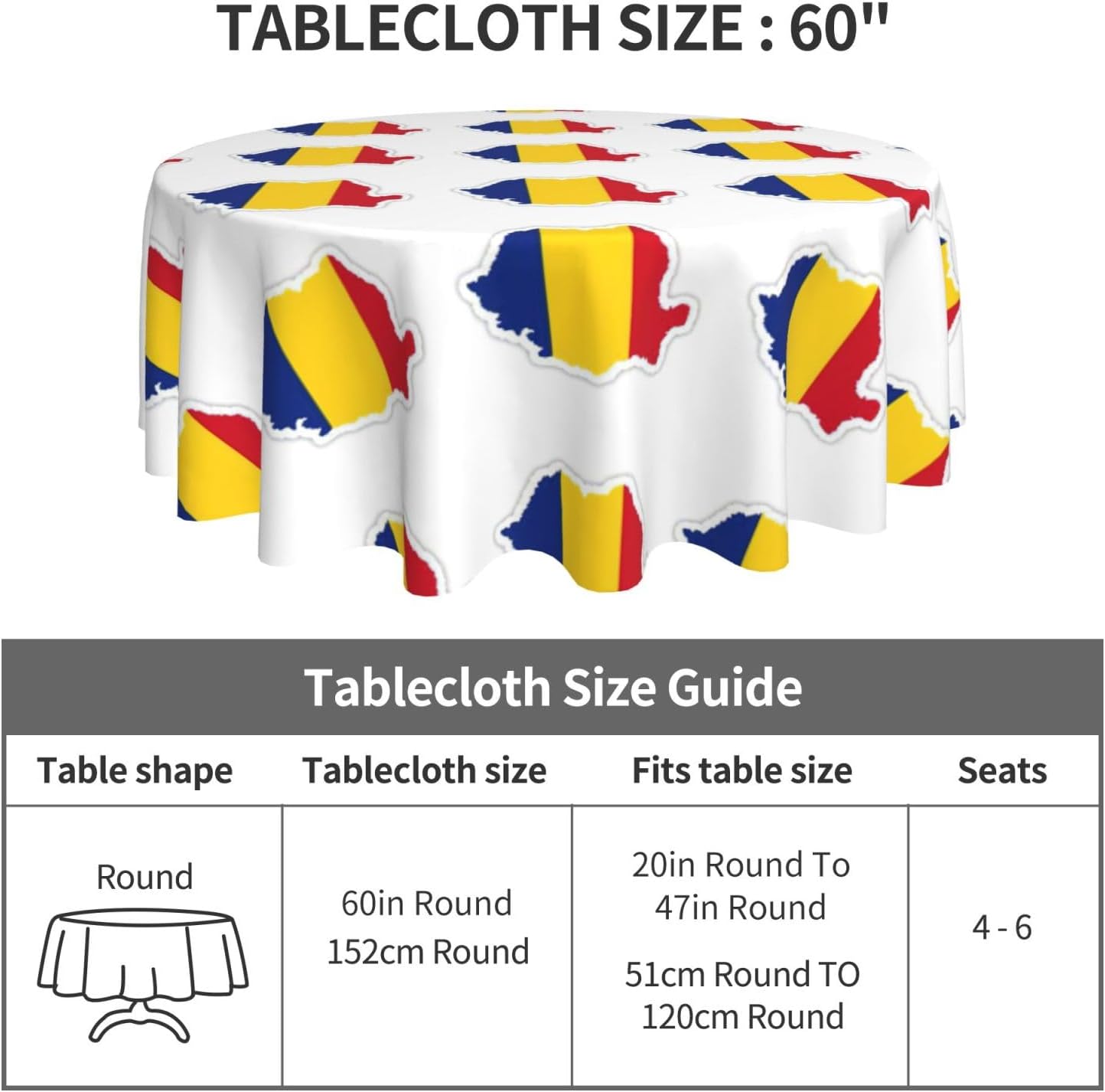 Romania Flag Map Print Wrinkle Free Dining Table Cover for Birthday Party Farmhouse Tablecloths Up to 60 x 60 Inches