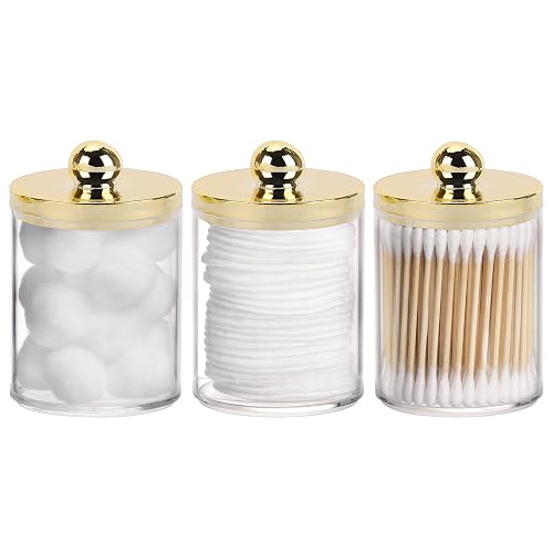 Tbestmax 10oz Qtips Holder Bathroom Container - Plastic Apothecary Jar with Gold Lids for Cotton Ball, Cotton Swab, Cotton Round Pads, Floss - Gold