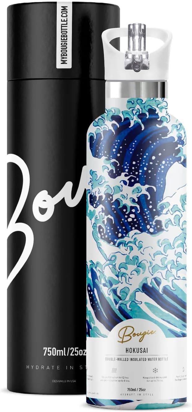 Bougie Hokusai Insulated Water Bottle, Gift Tube, 25-Ounces, Stainless Steel, Multicolor, Kitchen Décor