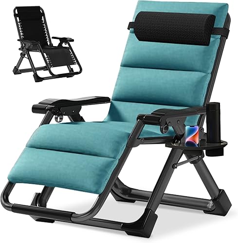 Miniatura 23 de NAIZEA Silla de gravedad cero acolchada, sillas de salón plegables de tela de enfriamiento para exteriores, sillas de camping ajustables y Azul Seda