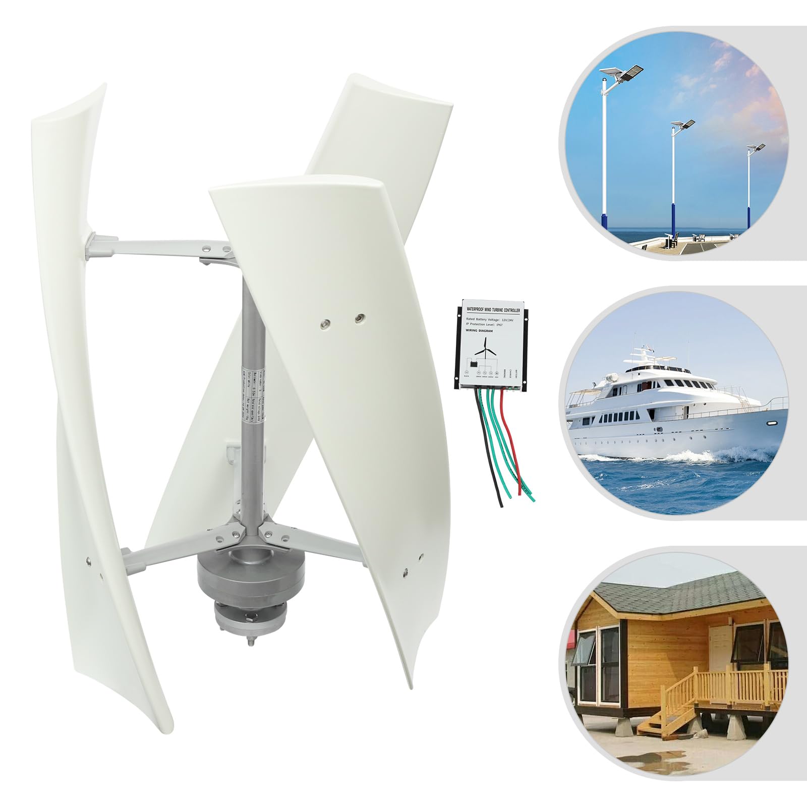 Vertikaler Windturbinen-Generator 100W 24V Weiß für Zuhause Wohnmobil Boot, Vertikale Windturbine mit Permanentmagnet-Lagergenerator für Gewerbe Industrie, Windrad Stromerzeugung leise 30dB