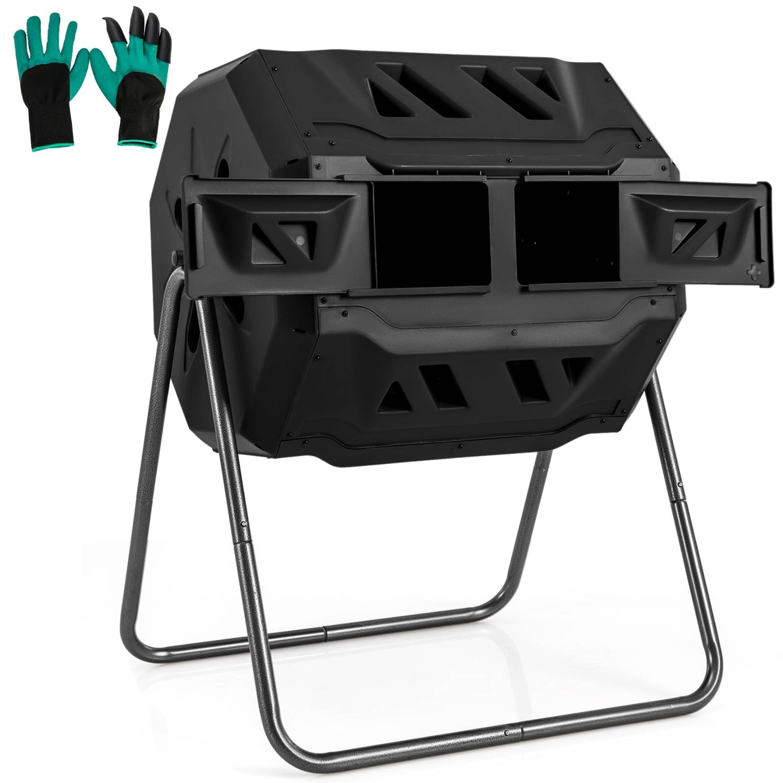 COSTWAY 160L Tumbling Composter, Garden Compost Bin with 360° Rotating Dual Chambers, Sliding Doors & Gloves, BPA-Free Compost Waste Bin Barrel, Easy and Fast Composing (Black, 160L)