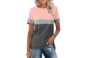 Women's Casual Ruby Red Color Block Short Sleeve Tops
