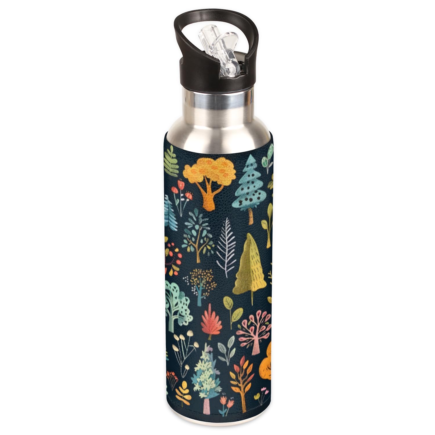 Colorful Tree Pattern Insulated Water Bottle with Straw Lid Double Wall Vacuum BPA Free Leakproof Water Flask 20oz Stainless Steel Metal Sports Water Bottles for Daily Water Intake