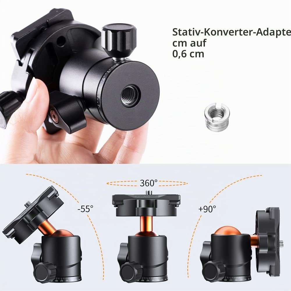 K&F CONCEPT KF25 Kugelkopf Stativkopf, Kamera Kugelkopf mit 1/4 Zoll Schnellwechselplatte und Wasserwaagee, 8 kg Tragkraft, für Stativ, Einbeinstativ, Kamera Slider, Spiegelreflexkamera