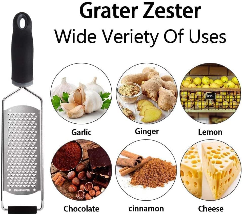 Image of Lemon Zester & Cheese Grater - Cheese, Lemon, Ginger, Garlic, Vegetables, Fruits - Razor-Sharp Stainless Steel Blade Protective Cover, Dishwasher Safe 12 Inch Flat (Black & Red)