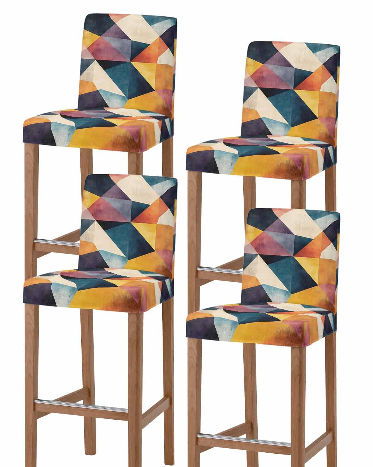 Wowouhiya Orange Geometric Bar Stool Covers - Stretch Dining Chair Covers Set of 4, Blue Abstract Vintage Color Block Bar Chair Cover Removable Counter Stool Pub Chairs Slipcovers Protectors