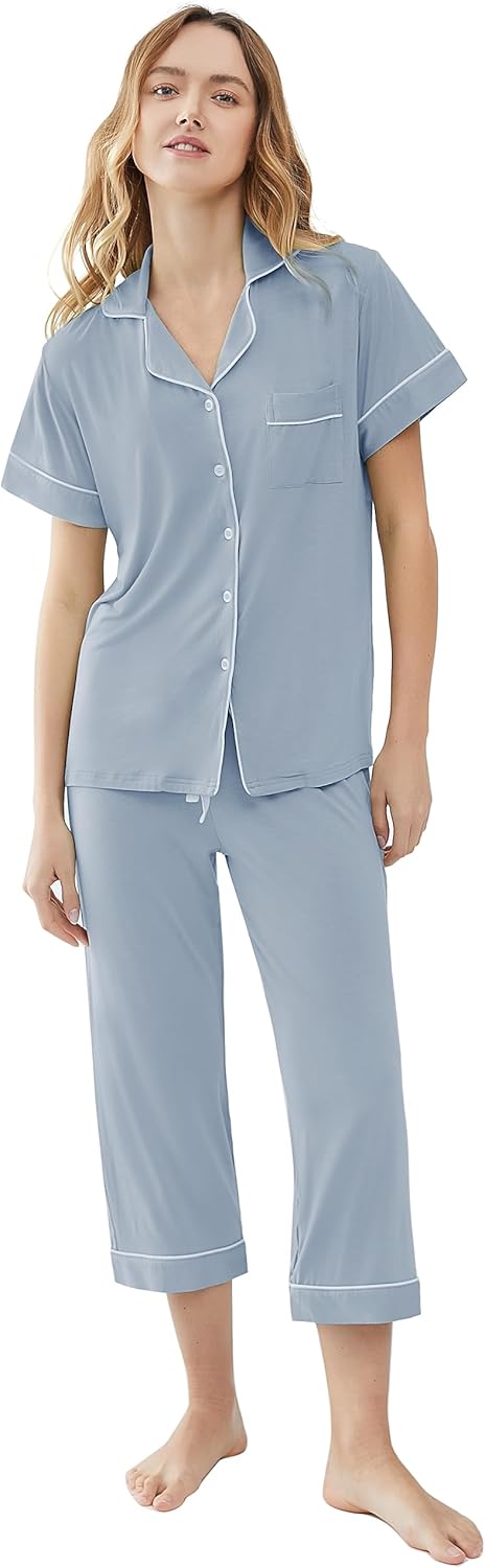 Joyaria Women Capri Pajamas Set Bamboo Viscose Pjs Short Sleeve Button Down Sleepwear - Image 2