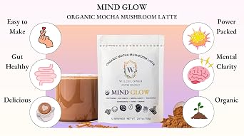 Wildflower Coffee Company Mind Glow Mocha Mushroom Latte Mix, Organic, Adaptogenic, Nootropic, Ashwagandha, Arabica Caffeine