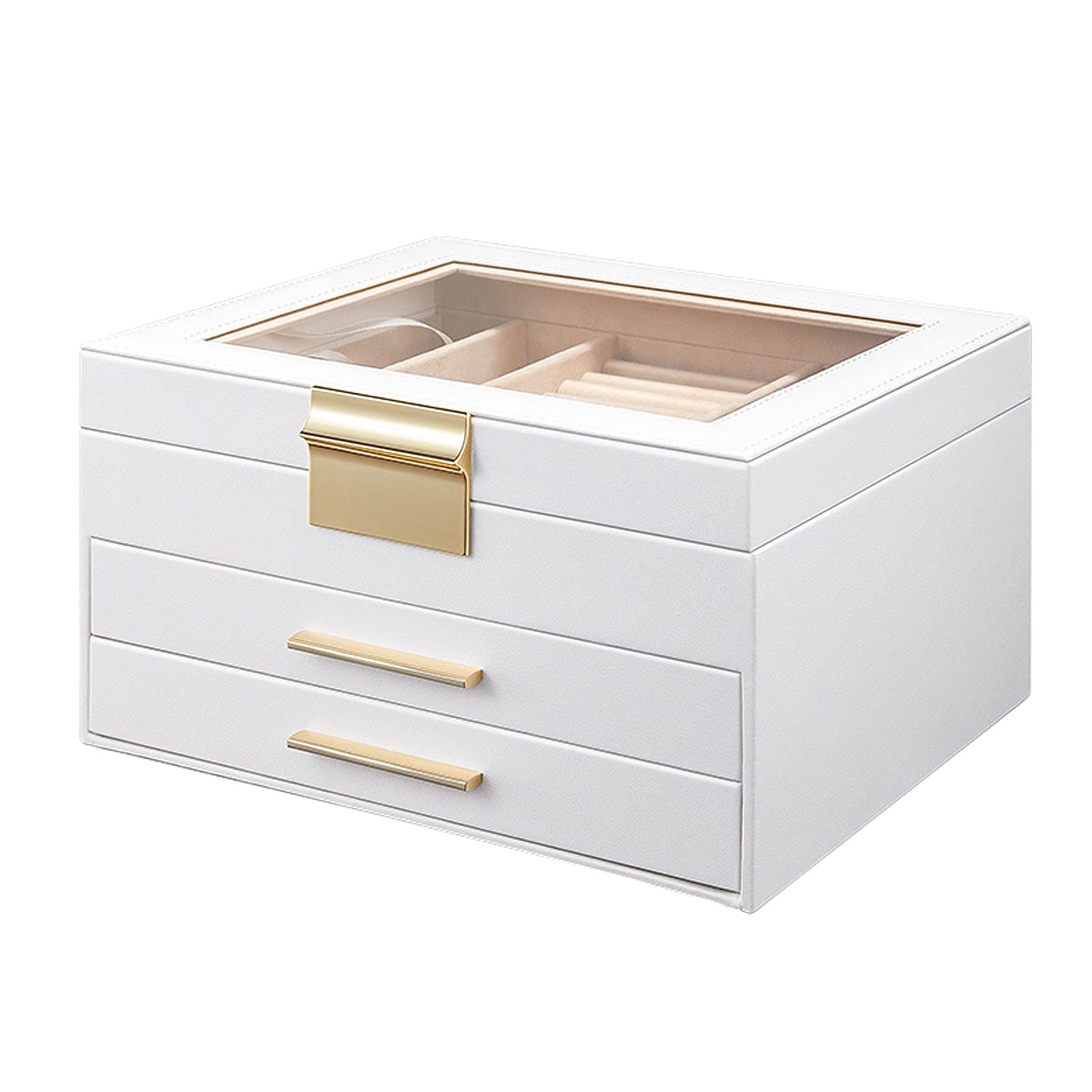 TIANQIHAO Jewelry Box Large Jewelry Box Organizer - Drawer Mirror And Trays For Women - Pu Leather Storage Case For Earring Ring Necklace Bracelet Watch Jewelry Display Storage Cas,White