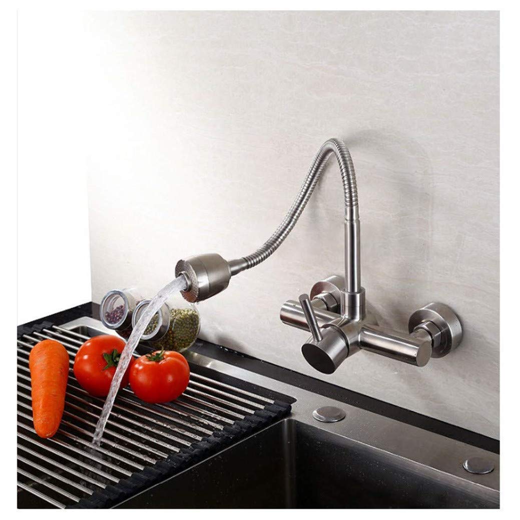 Grifo De La Cocina Montado En La Pared Del Fregadero Grifo De Acero Inoxidable Níquel Cepillado Giratorias De 360 ​​Grados Ducha Flexible Dos Tipos Cabezal De Pulverización De Plata
