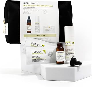 Replenix Discoloration Essentials 3 Step Brightening Medical-Grade Trial Kit (Set Includes Travel-Size Glycolic Acid Resurfacing Cream, Vitamin C Pro Collagen Serum, Brightening Eye Cream)