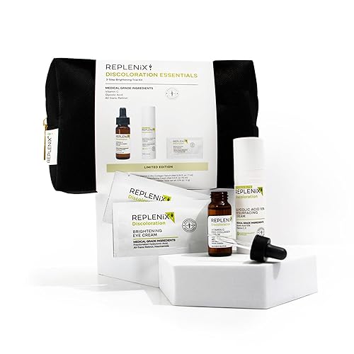 Replenix Discoloration Essentials Kit de prueba de grado médico iluminador de 3 pasos (juego incluye crema rejuvenecedora de ácido glicólico de