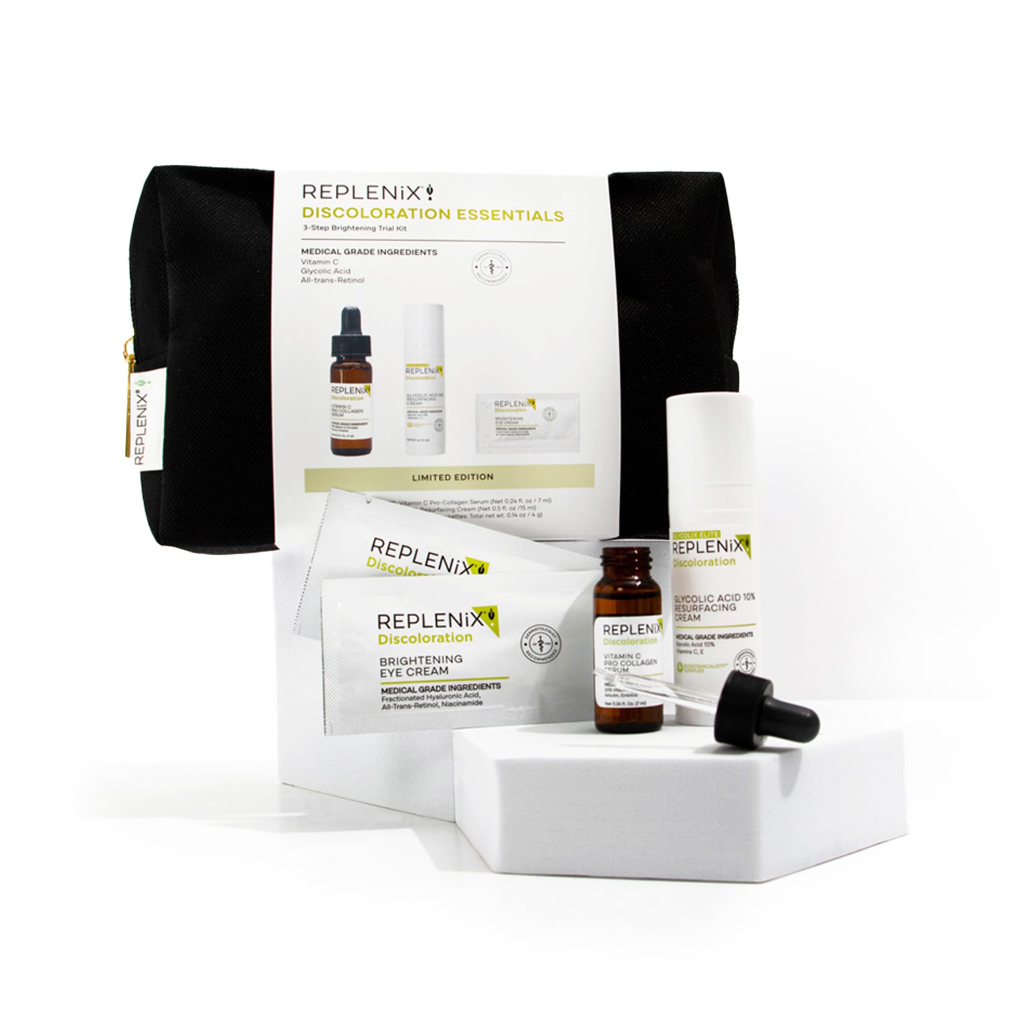 Replenix Discoloration Essentials 3 Step Brightening Medical-Grade Trial Kit (Set Includes Travel-Size Glycolic Acid Resurfacing Cream, Vitamin C Pro Collagen Serum, Brightening Eye Cream)