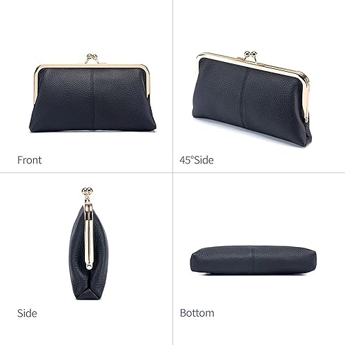 Miniatura 4 de Vintage Kiss Lock Cartera de cuero genuino para las mujeres múltiples ranuras para tarjetas de viaje bolso de embrague, Negro -, Vintage