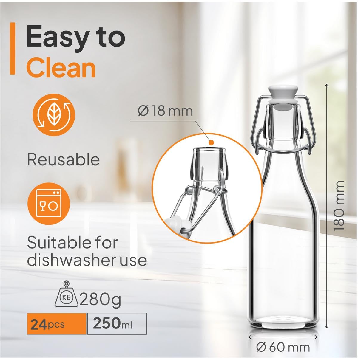 Set di 24 Bottiglie in Vetro da 250ml con Chiusura Ermetica - Bottiglia per Olio, Vino, Liquori, Acqua, Birra, Succhi di Frutta, Conserve e Latte - Bottigliette di Vetro piccole