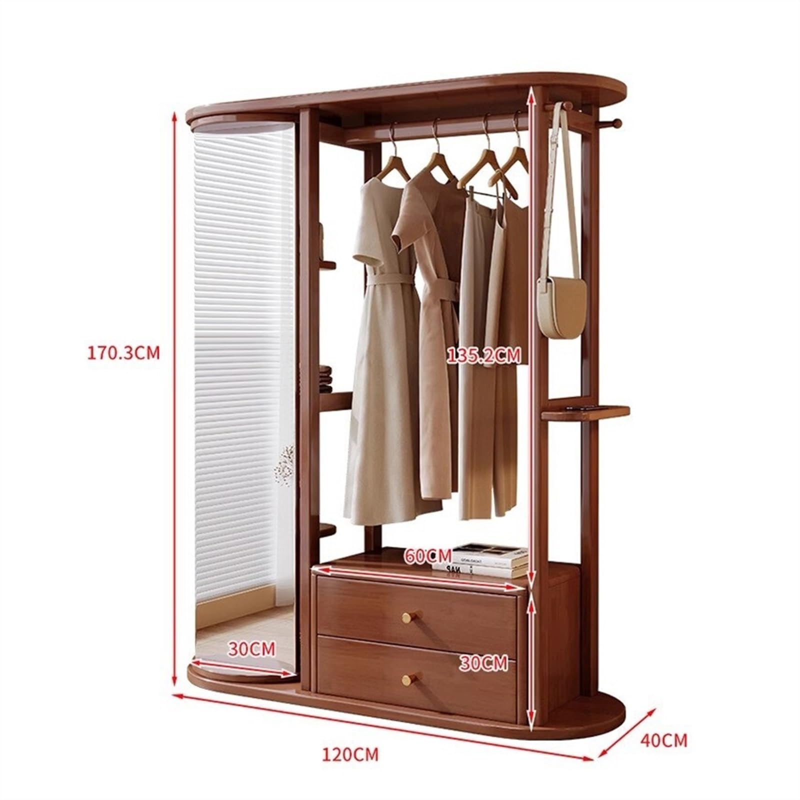 Specchio a Figura Intera da Terra, Appendiabiti in Legno massello, Appendiabiti Girevole con Specchio Integrato, Appendiabiti da Camera da Letto con cassetto Contenitore