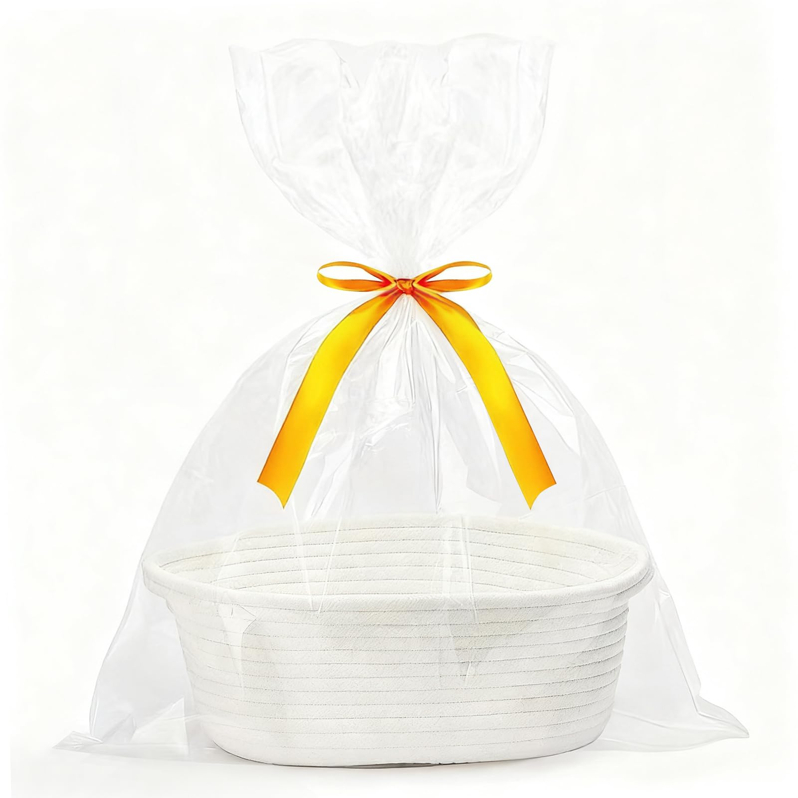 White Cotton Hamper Basket with Yellow Ribbon - Empty Gift Basket for Baby Showers, Weddings and Special Occasions