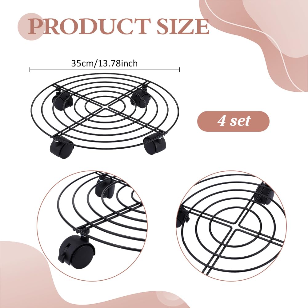 PH PandaHall 4 Pack Support à Plantes à roulettes 35cm Grand Chariot à Plantes Roulant Robuste en Fer Forgé avec Roues pour Plantes en Pot sur Terrasse Jardin Ou Balcon