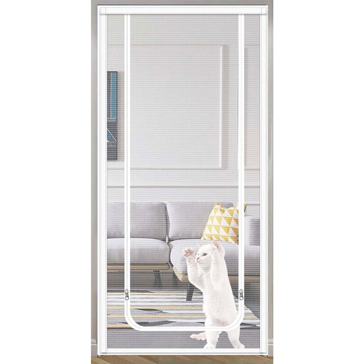 Kattenhor Balkondeur 110 Cm X 220 Cm, Verdikte Kattenhor Vliegenhor Woonkamer, Slaapkamer, Keuken, Terras, Hond Kat Krasbestendige Hordeur Met Ritssluiting (Color : White, Size : 100x210cm