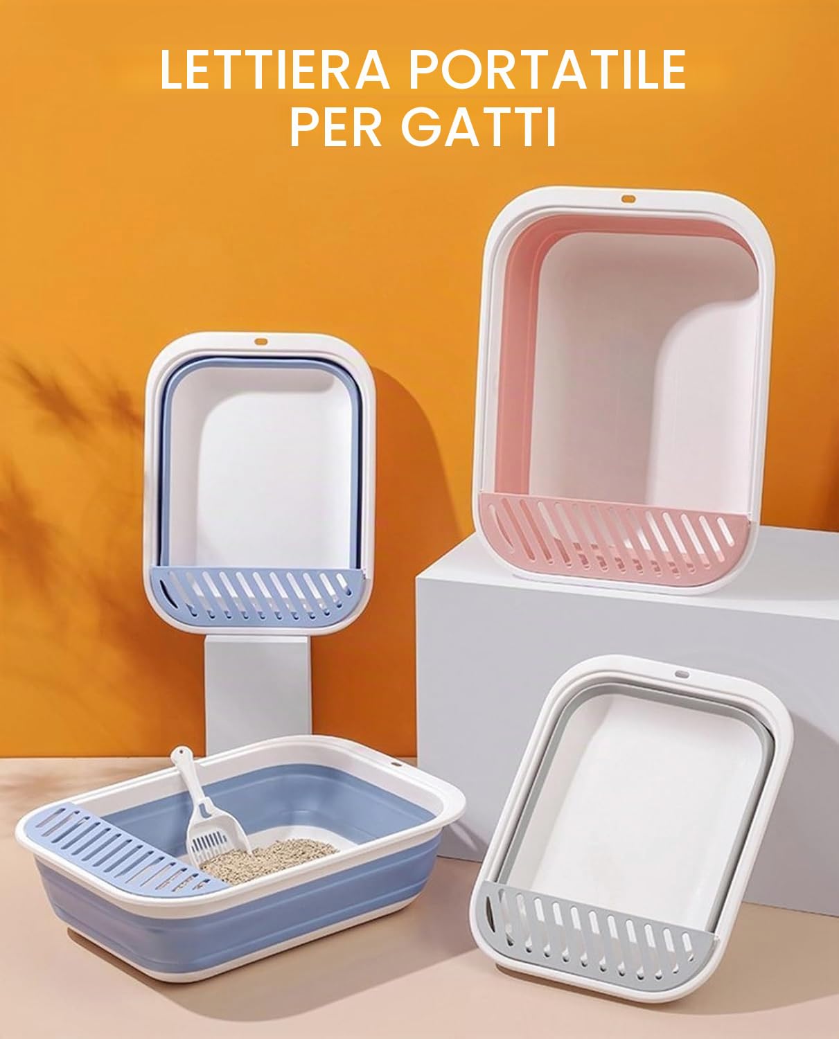 Lettiera Gatto, Toilette Gatti con paletta, Grande Lettiera pieghevole per Gatti, Ingresso basso, Toilette da viaggio con pedale cadente per la sabbia per gatti fino a gatti più grandi
