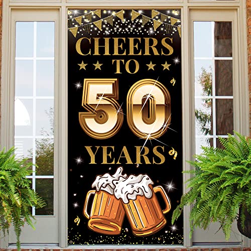 Cheers to 50 Years Door Banner, Happy 50th Birthday Decorations for Men Women, Golden 50th Anniversary, Black Gold 50 Year Class Reunion Party Backdrop Yard Sign for Outdoor Indoor, Fabric, Vicycaty