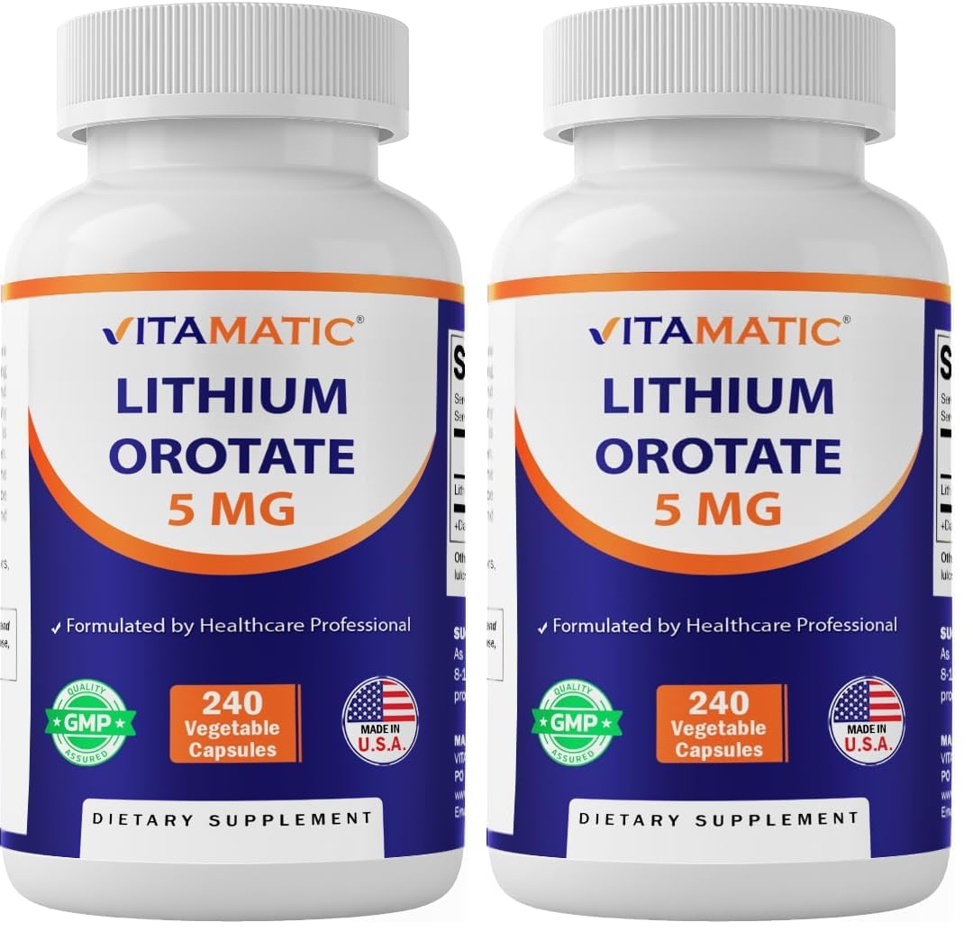 Vitamatic Lithium Orotate 5mg, 240 Veggie Capsules, Non-GMO, Gluten Free. (Pack of 2) 240 Count (Pack of 2)