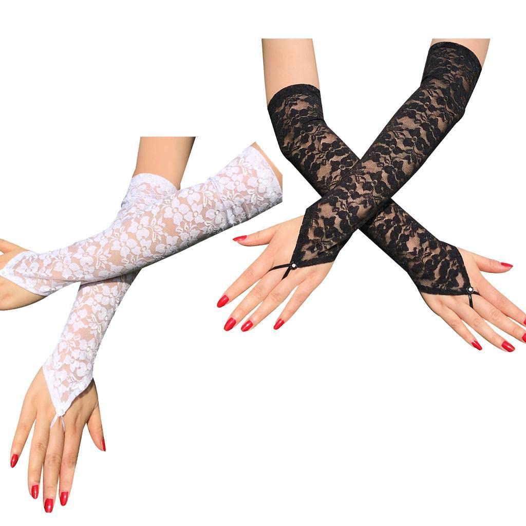 THE STYLE SUTRA Women Lace Floral Mesh Gloves Ladies Costume Party Fingerless Long Mittens Black-image-48