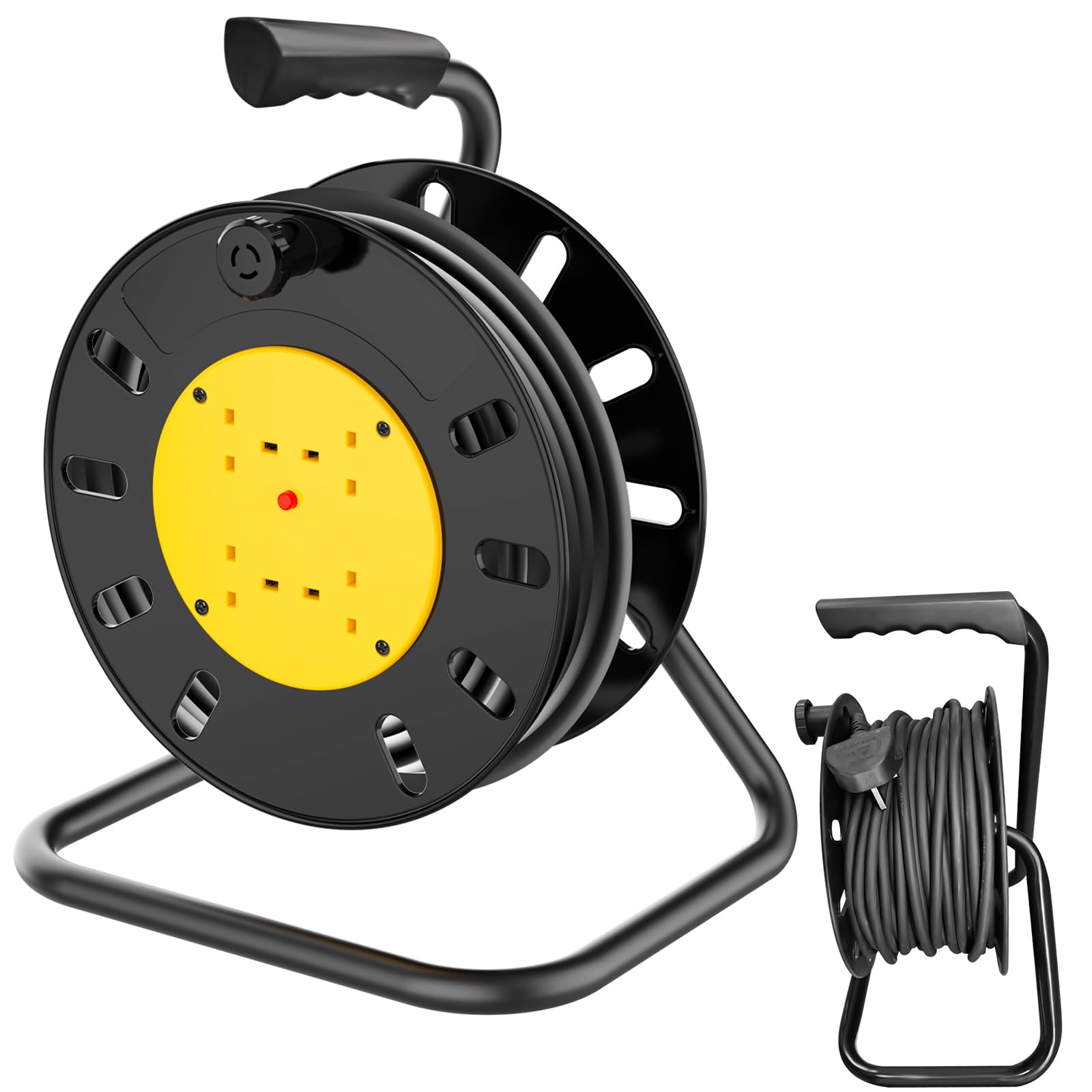 15 Metre Portable Cable Reel Extension Lead - 4-Way Power Sockets, Thermal Cut Out, Ergonomic Handle, Yellow/Black - Heavy Duty Portable Drum Reel Power Extension Cord for Indoor Workshop Utility