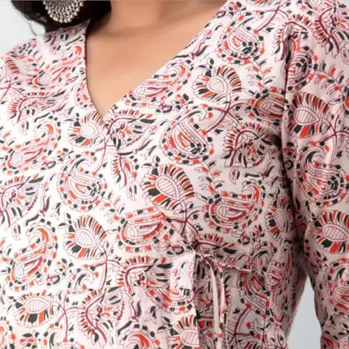 Image of LIVING ROOTS Women /Girls Cotton Angrakha Side Dori V- Neck Casual Short Kurti 3 /4 Sleeve (6041-L) Pink
