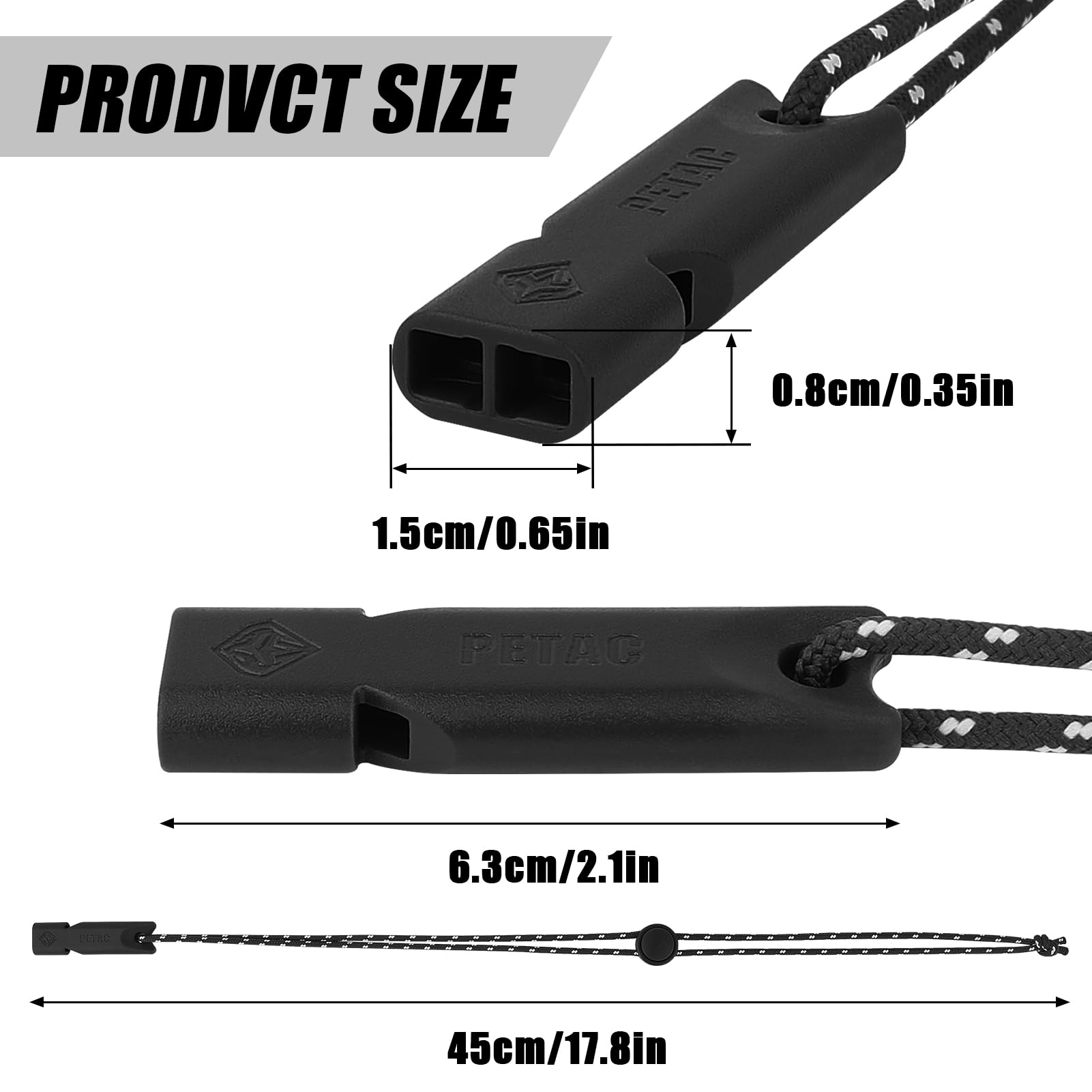 PETAC GEAR Emergency Whistle, Safety Survival Whistles with Lanyard, High Pitch Survival Whistle for Hunting Hiking Camping Hunting Fishing Boating (2PCS, BK)