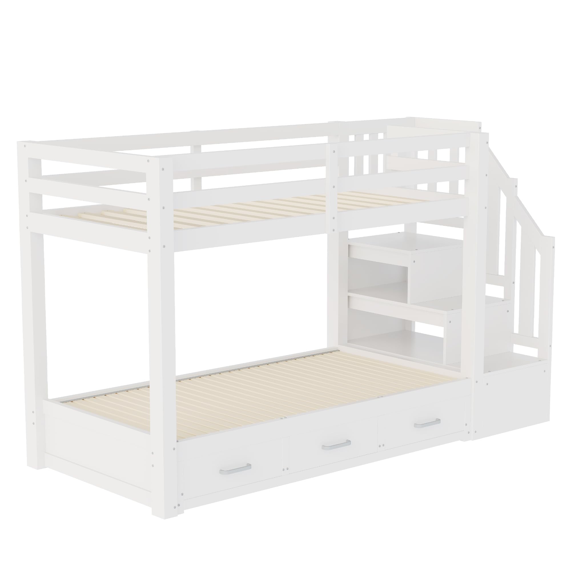 Litera de 90x200 cm con Cama Nido para 2 Personas, Cama Litera Matrimonio con 3 Cajones y Escalera Almacenaje, Cama Infantil Literas con Barandilla Anticaída y Lamas Madera, Sin Colchón, Blanco