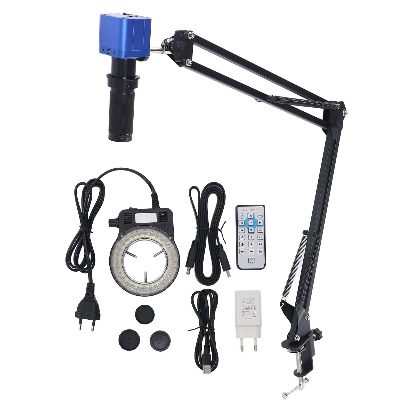 Luocute Cámara de Microscopio Digital de 24MP Microscopio USB Cámara de Microscopio HD 1080p con 150x C Lente de Montaje 56 LED de Anillo LED para la Inspección de Soldadura de (Enchufe de la UE)