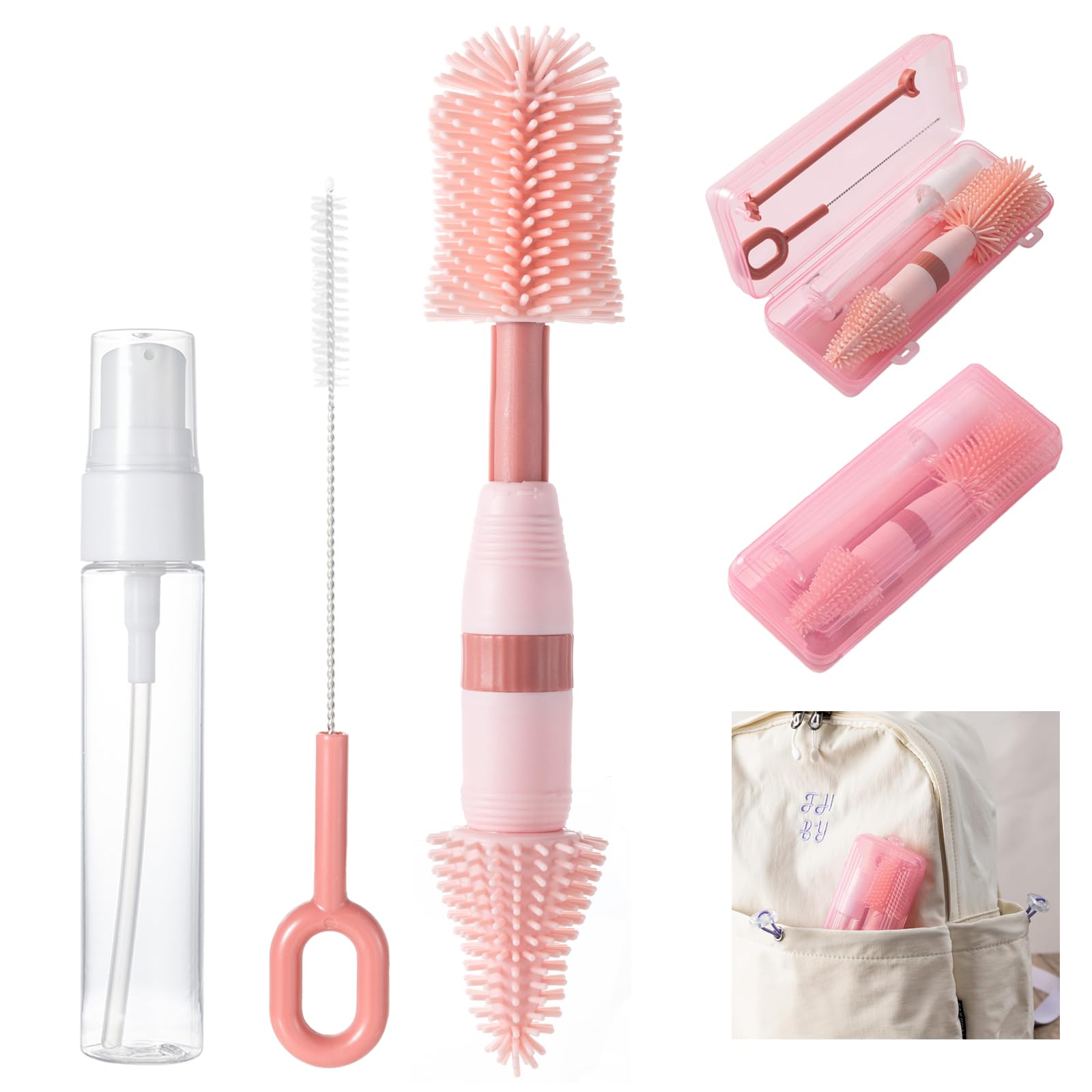 Photo 1 of Travel Bottle Brush, 6-in-1 Portable Travel Bottle Cleaner Kit with Small Bottle Brush Built in Drying Rack, Nipple Brush, Straw Brush, Soap Dispenser, for Baby Bottles Under 8 OZ, BPA-Free(Pink)