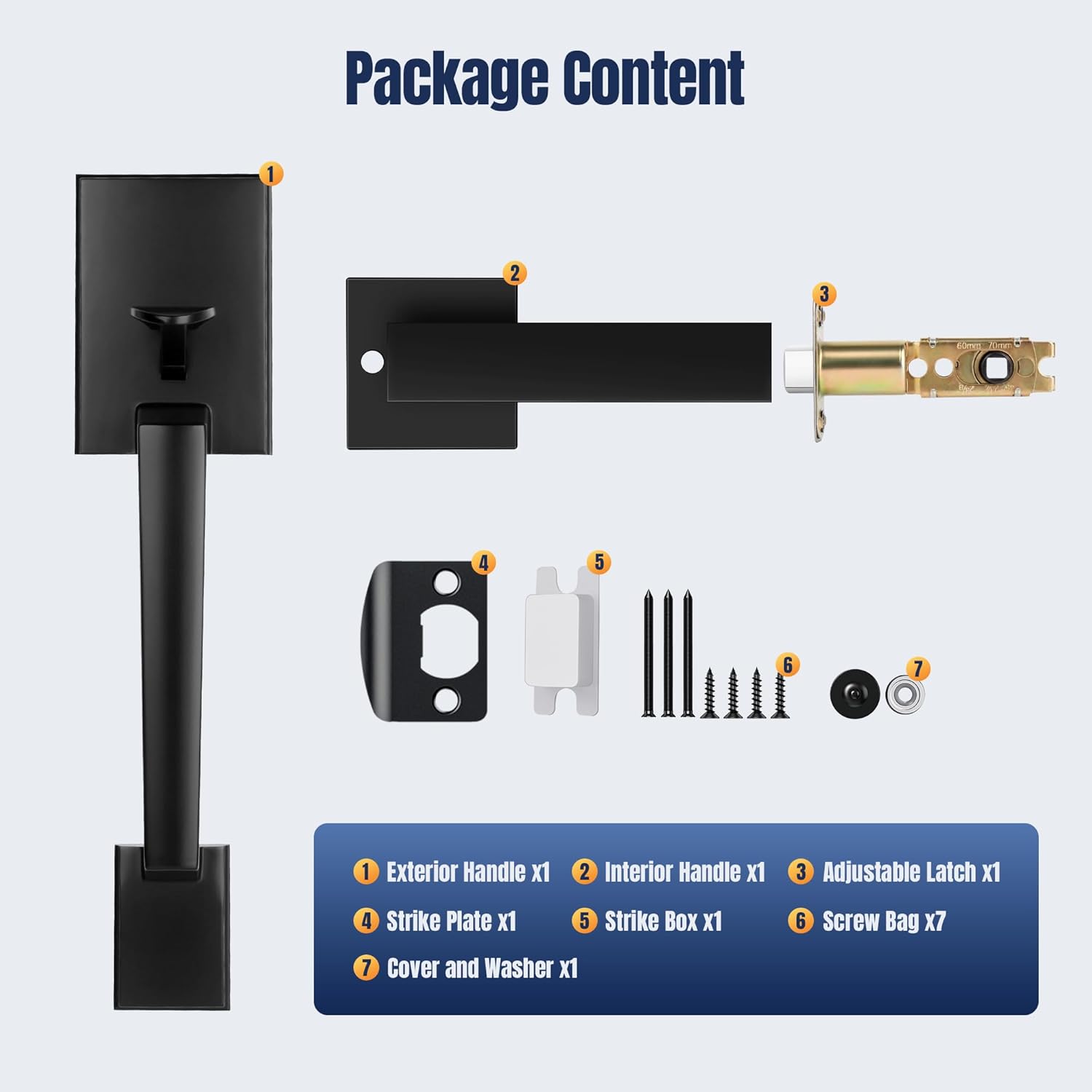 Black Front Door Handle Set with Passage Lever, Deadbolt Not Included, Exterior Lower Half Grip Trim, Works with Single Cylinder or Smart Deadbolts