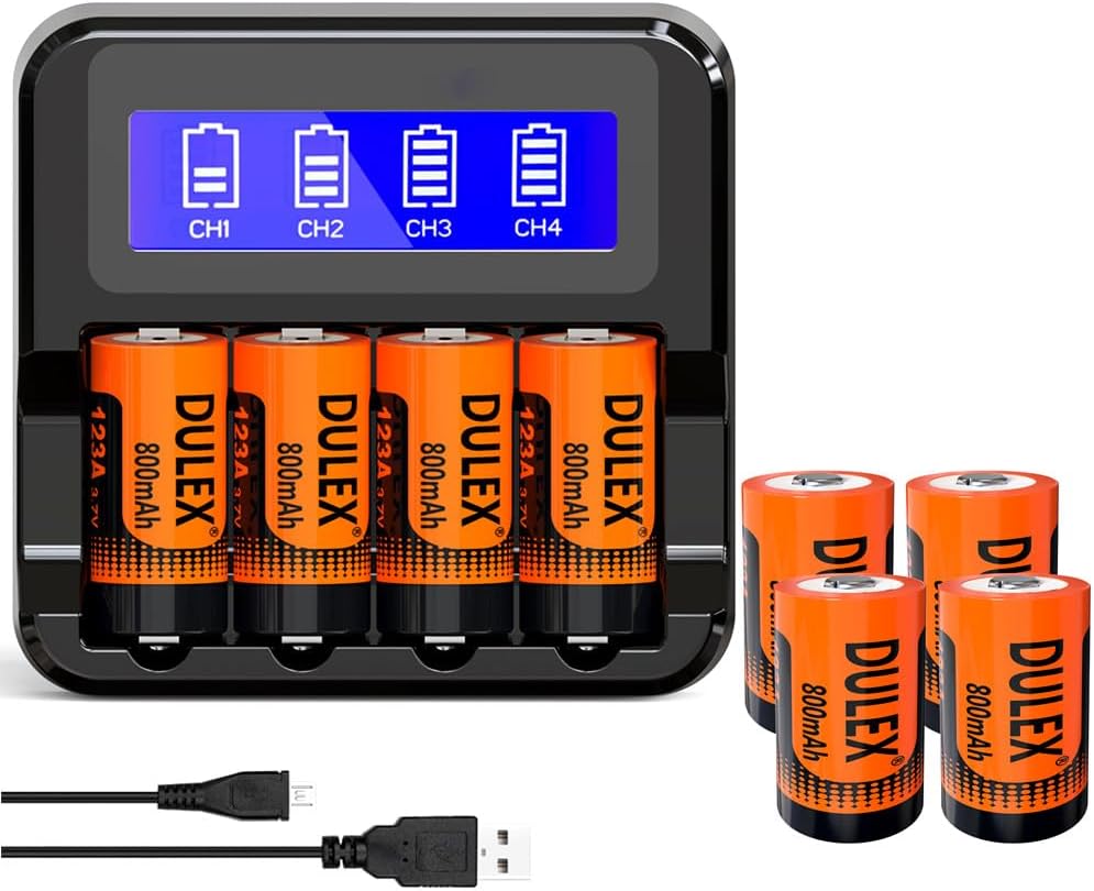 DULEX 8-Pack 3.7V 800mAH 123A Rechargeable Batteries Replacement CR123A Lithium Batteries and Charger Compatible with Arlo VMS3130 VMC3030 3200 3330 3430 3530 Cameras, Alarm System, Flashlight