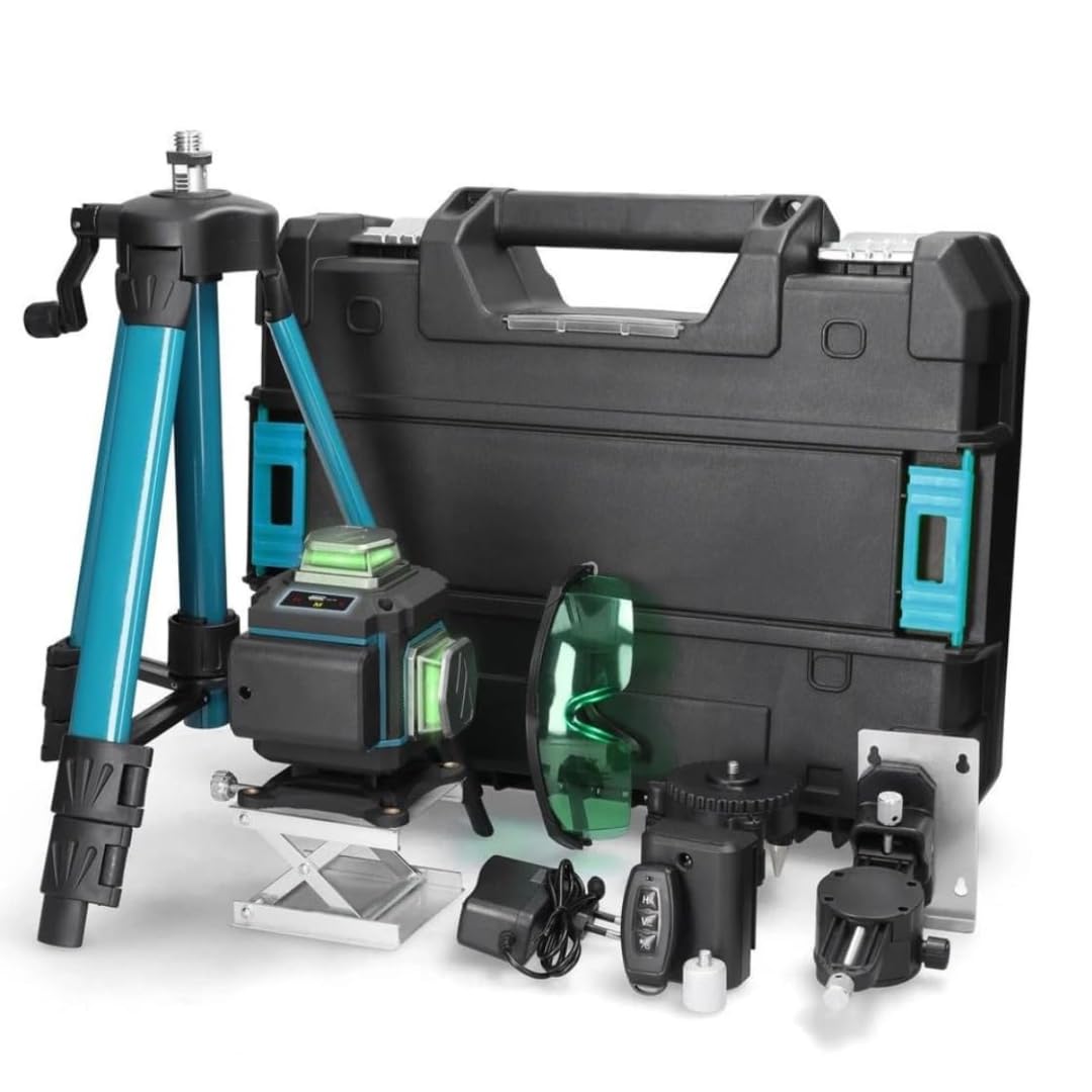 livella laser Autolivellante 360° 4D, Laser 16 linee Cantiere 3° Autolivellante, con 2 Batterie e Supporto Rotante, Incluso Treppiedi 1.2m con 3 Altezze Regolabili, Telecomando e Valigetta Inclusi.