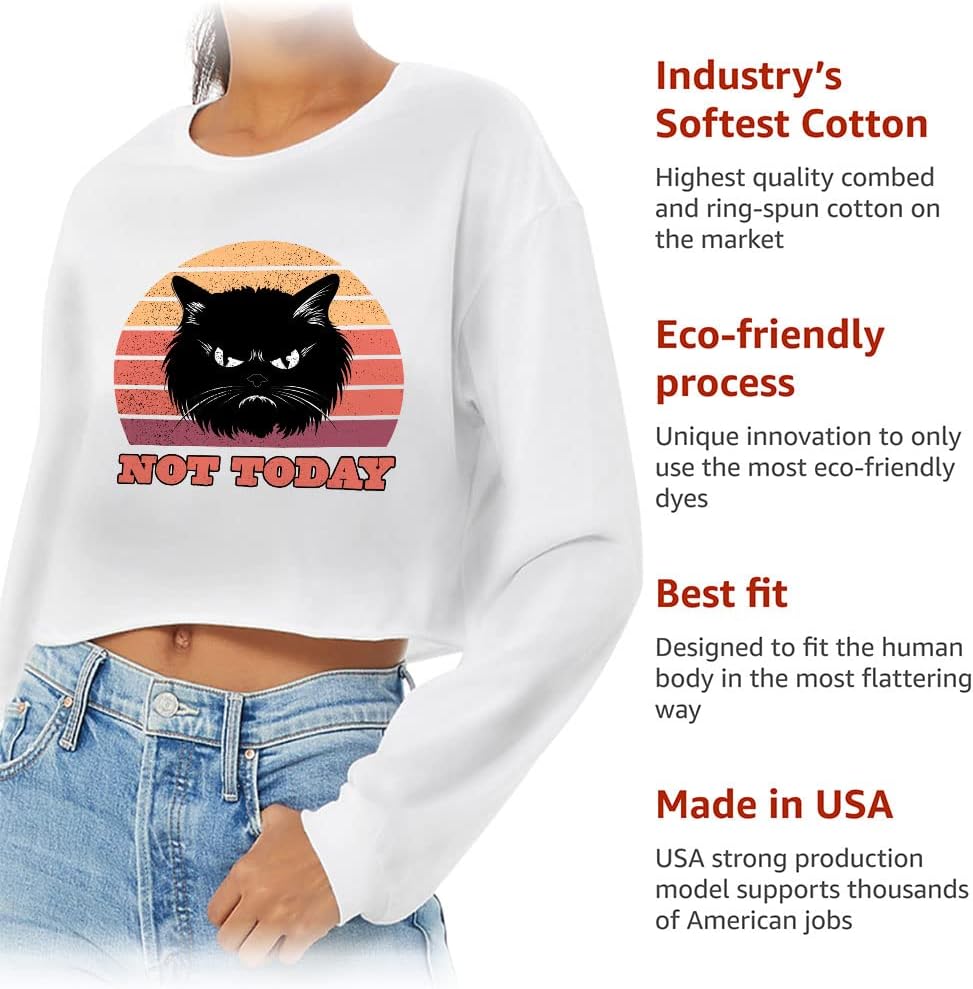 Not Today Cat Cropped Long Sleeve T-Shirt - Art Women's T-Shirt - Illustration Long Sleeve Tee - Black, M