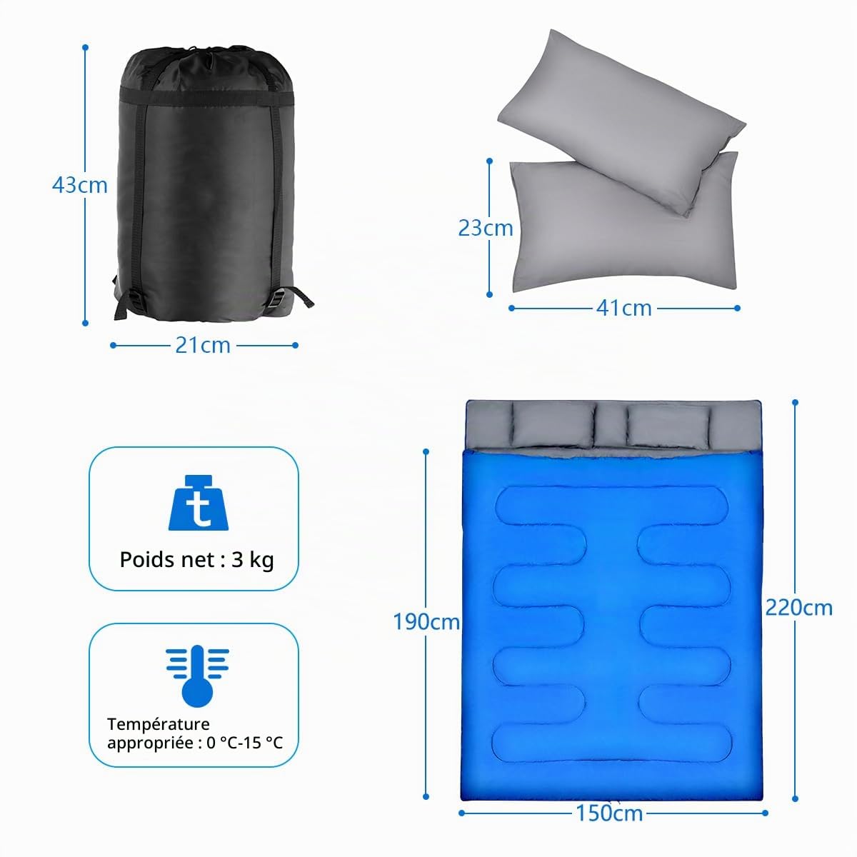 SOARS Sac de couchage double pour 2 personnes, avec 2 oreillers et sac de transport, imperméable, pour adulte, pour camping, randonnée, voyage