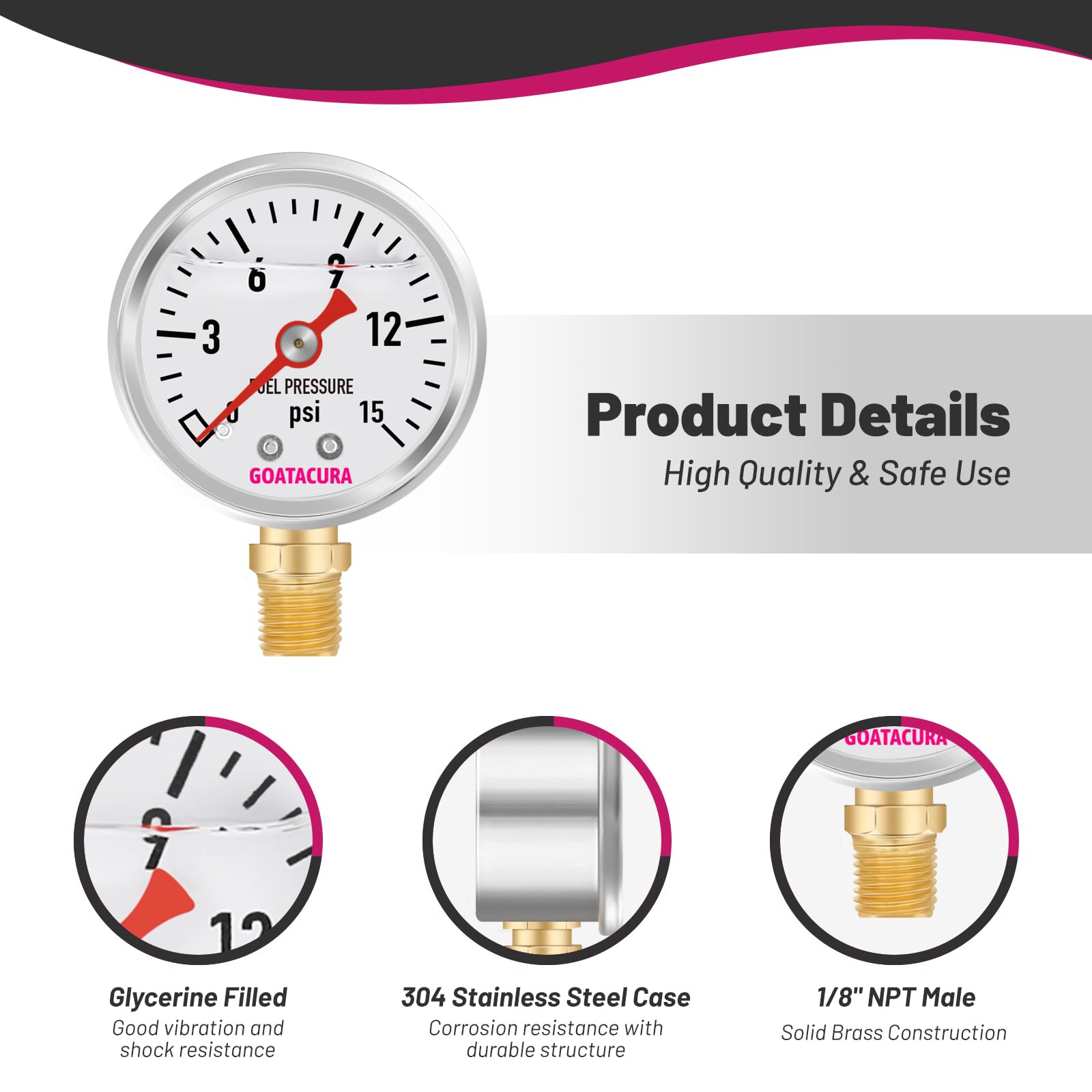 Manómetro de presión de combustible de 0-15 psi con relleno de glicerina, esfera de 1-1/2", caja de acero inoxidable 304, montaje inferior NPT de 1/8", alta precisión, para medir la presión del comb