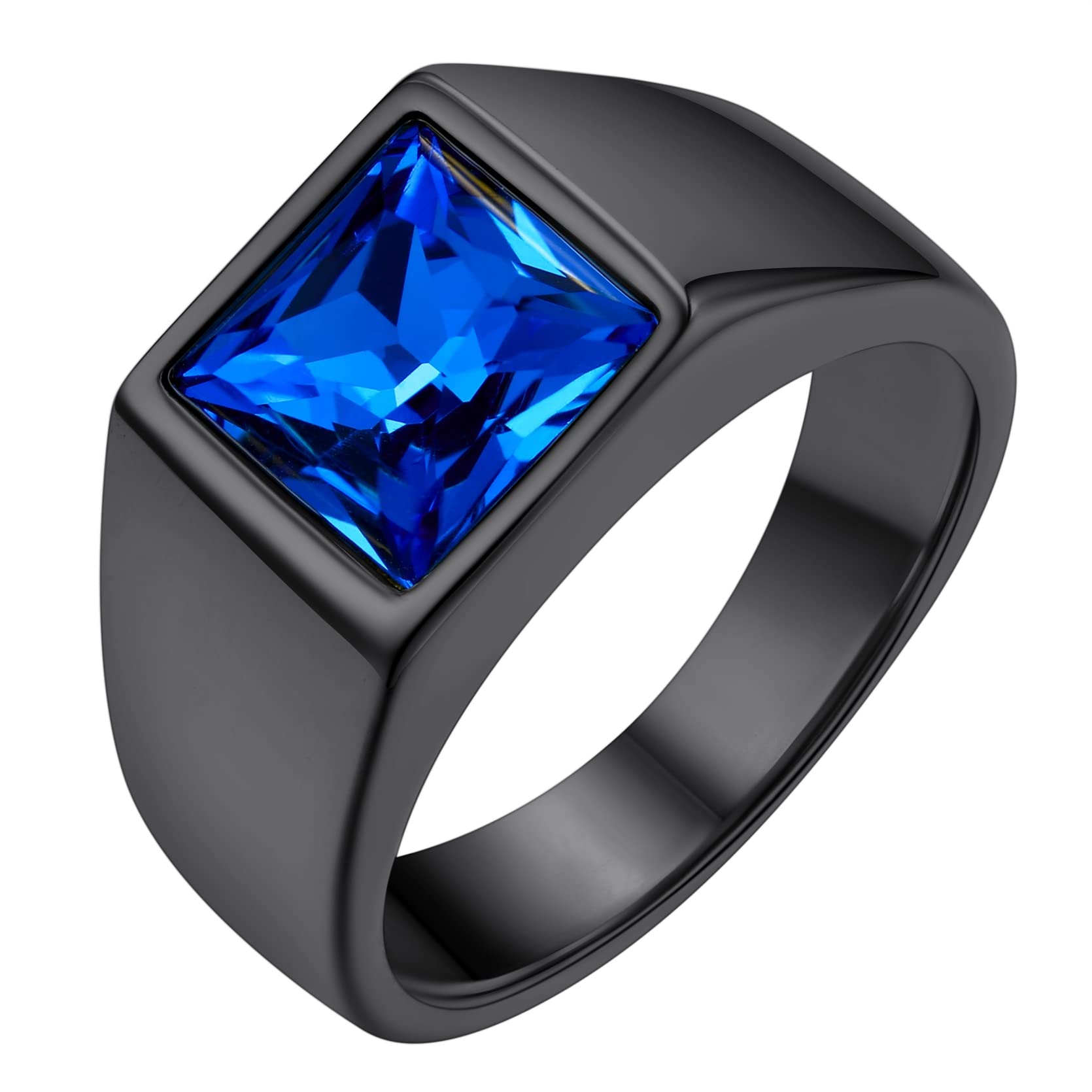 GOLDCHIC JEWELRY GoldChic Anillos Sello Cuadrado con Cristal Negro Azul 8mm Ancho, Anillo Buen Peso Sólido para Promesa Amistad