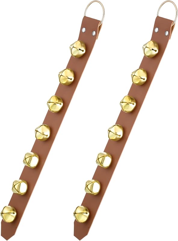Campainha para Cães com 7 Sinos em Tiras de Couro Sintético Frienda Marrom-Claro com Dourado, Pacote com 2