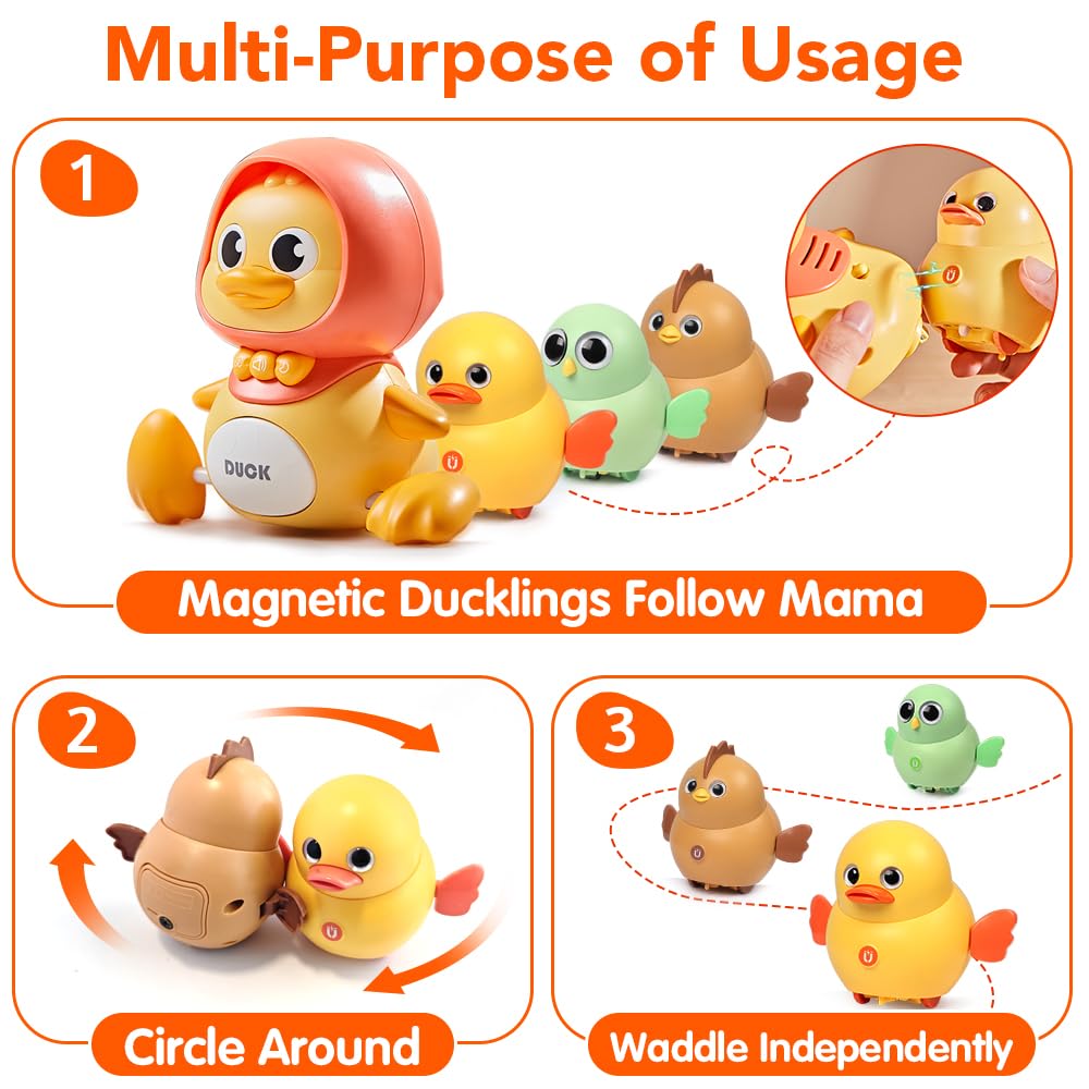 LUSTERMOON 4 Pcs Baby Toys Musical Duck Crawling Baby Toys Set with Music & Light, Early Learning Educational Toy for Babies 12 Months 18 Months Birthday Toy for 1 2 3 Year Old Boys Girls (Yellow)