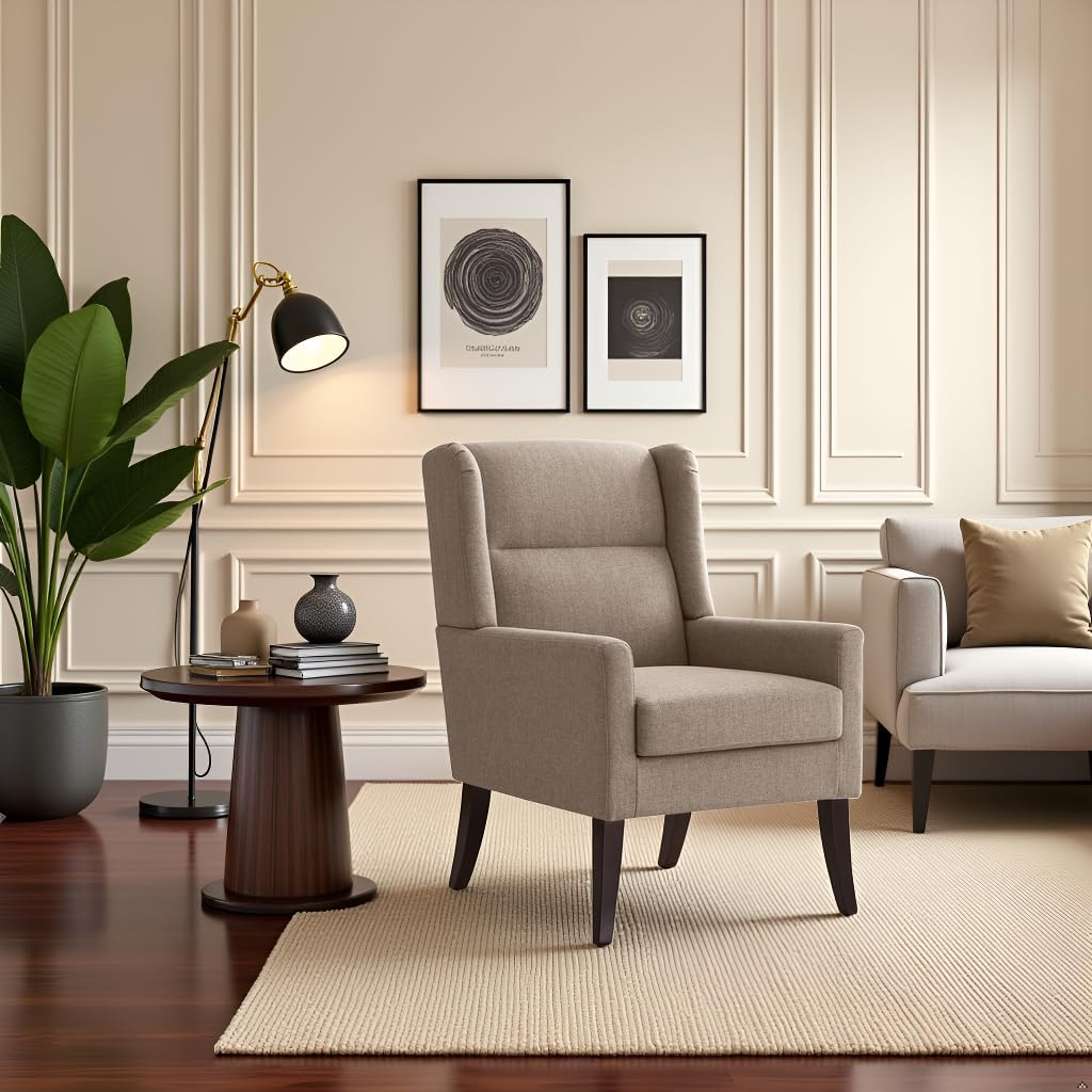 High Back Accent Chair, Fabric Living Room Chairs, Comfy Upholstered Armchair with Wooden Legs for Living Room, Bedroom, Apartment (1, Brown)